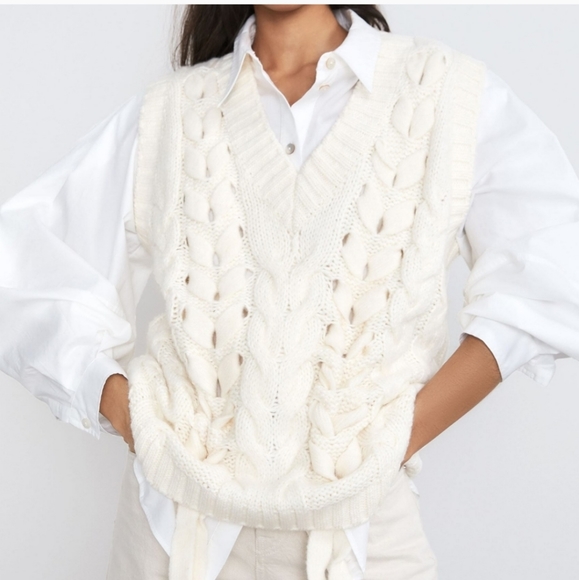 Zara Sweaters - NWT ZARA Ivory Cable Knit Woven Ribbon V-Neck Sweater Vest M
